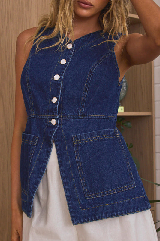 Women Clothing Summer Casual Slim Fit Buttoned Cardigan Denim Vest - Iyanka