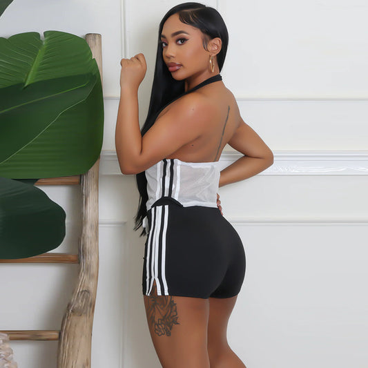 Women Clothing Exposed Cropped Hollowed Contrast Color Backless Lace up Vest Shorts Two Piece Sets - Iyanka