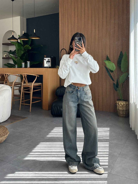 Ladies Retro Micro Elastic Heavy Industry Wash Straight Wide Leg Loose Denim Trousers