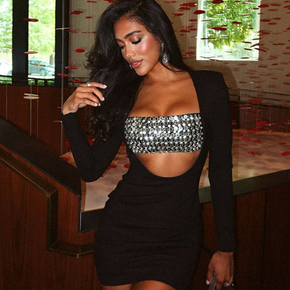 Sexy Women Clothing Nightclub Rhinestone Corset Hollow Out Cutout out Cinched Hip Dress Sexy Dress