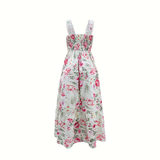 Women Holiday Floral Print Lace Sleeveless A line Dress