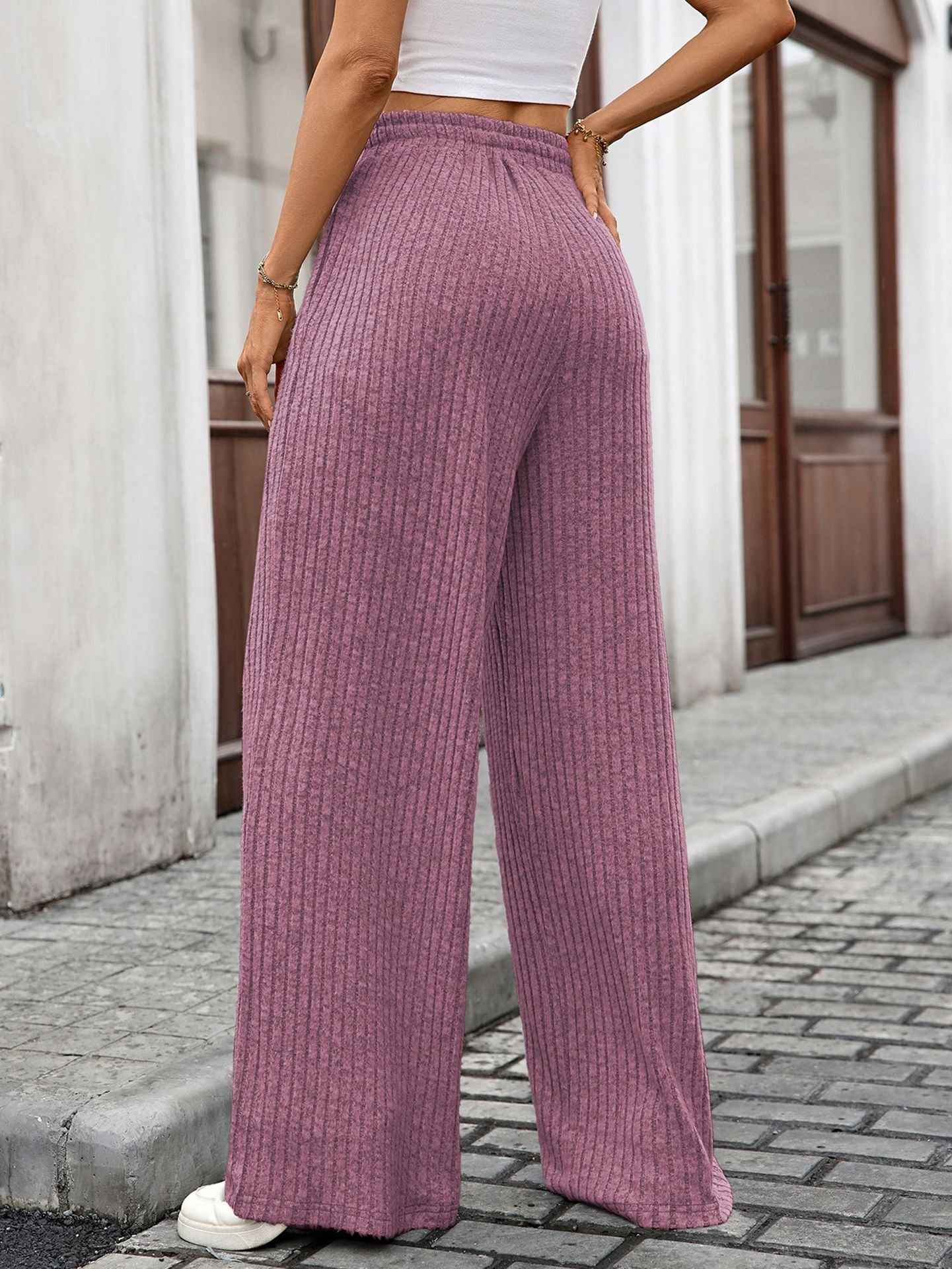 Autumn Winter Solid Color Drawstring Sunken Stripe Brushed Elastic Waist Casual Trousers