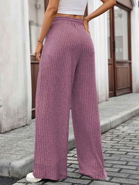 Autumn Winter Solid Color Drawstring Sunken Stripe Brushed Elastic Waist Casual Trousers