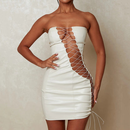 Women Clothing Summer Sexy Tube Top Lace up Waist Controlled Hip Women Dress - Iyanka