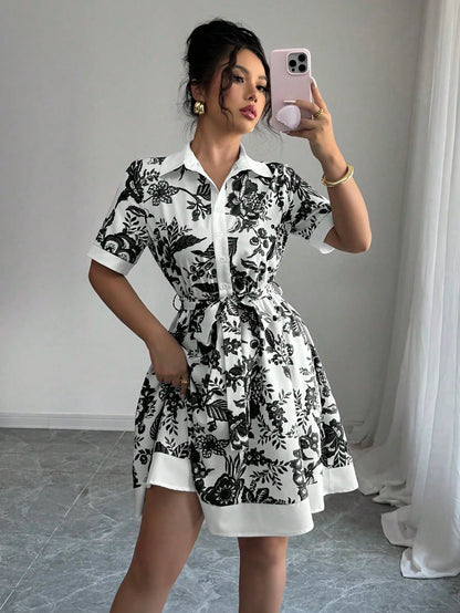 Women Clothing Summer Printing Lace up Waist Single Breasted Dress