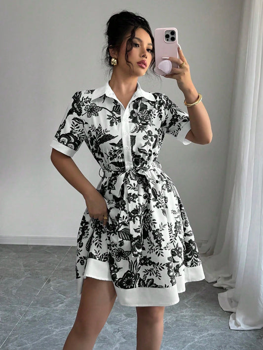 Women Clothing Summer Printing Lace up Waist Single Breasted Dress