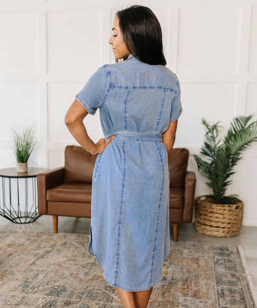 Ladies Collegial College Casual Loose Lace up Shirt Dress Denim Long