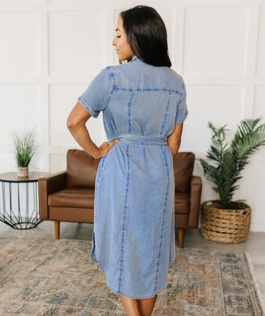 Ladies Collegial College Casual Loose Lace up Shirt Dress Denim Long