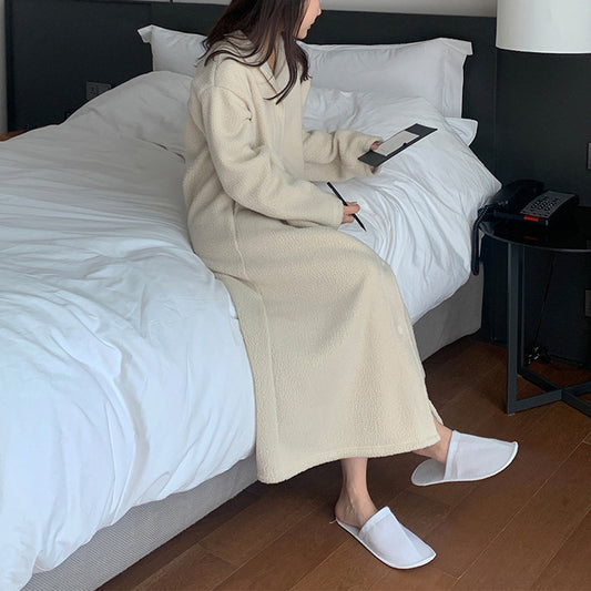 Korean Autumn Winter Lamb Wool Home Wear Suit High Grade Collared Cardigan Teddy Plush Thick Thermal Pajamas - Iyanka