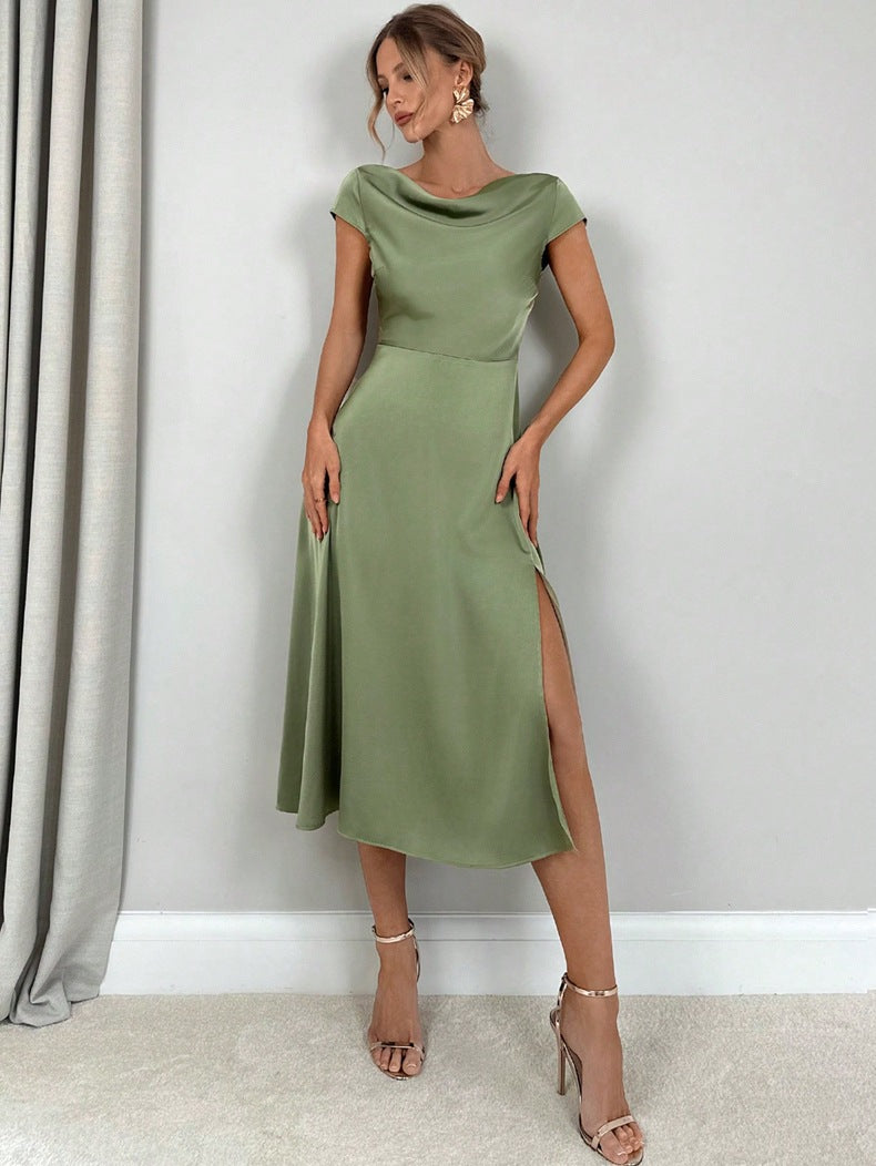 Women Clothing High Grade Summer Split Artificial Silk Dress Satin Long Dress - Iyanka