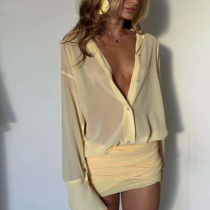 Spring Women Elegant Sexy Collared Slim Fit Sheath Lace up Shirt Dress Short Dress Women