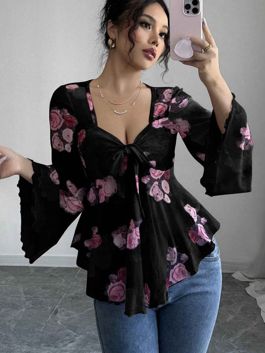 French Sweet Floral Blooming Lace up Square Collar Long Sleeve Shirt