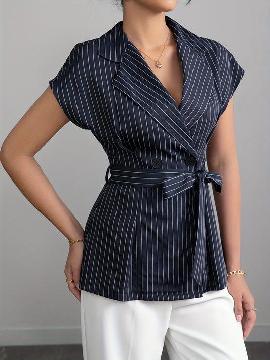 Elegant Collared Cardigan Short Sleeve Blazer Double Row Button Lace up Waist Controlled Design Shirt Women - Iyanka