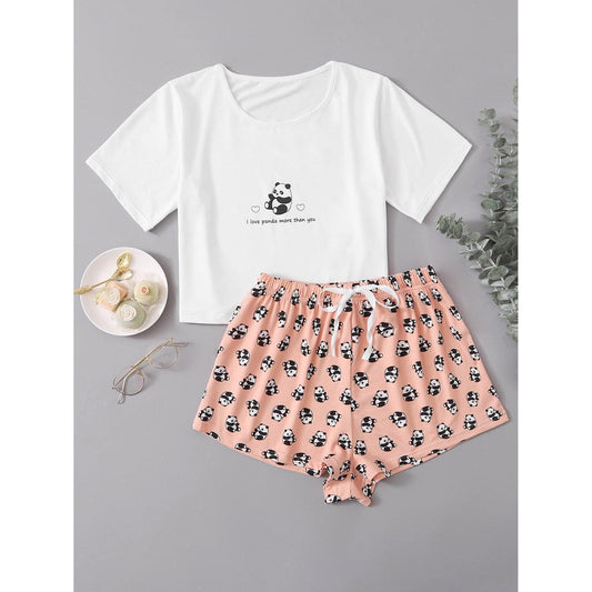 Home Wear Panda Printing Cropped Short Sleeve Top Shorts Two Piece Set Pajamas Suit Pajamas - Iyanka