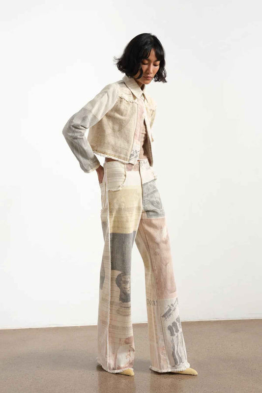 Retro Loose Print Wide Leg Straight Mop Denim Trousers
