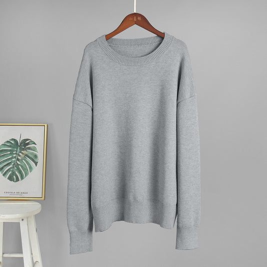 Round Neck Sweater Women Autumn Winter Loose Pullover Sweater Simple Solid Color Sweater - Iyanka