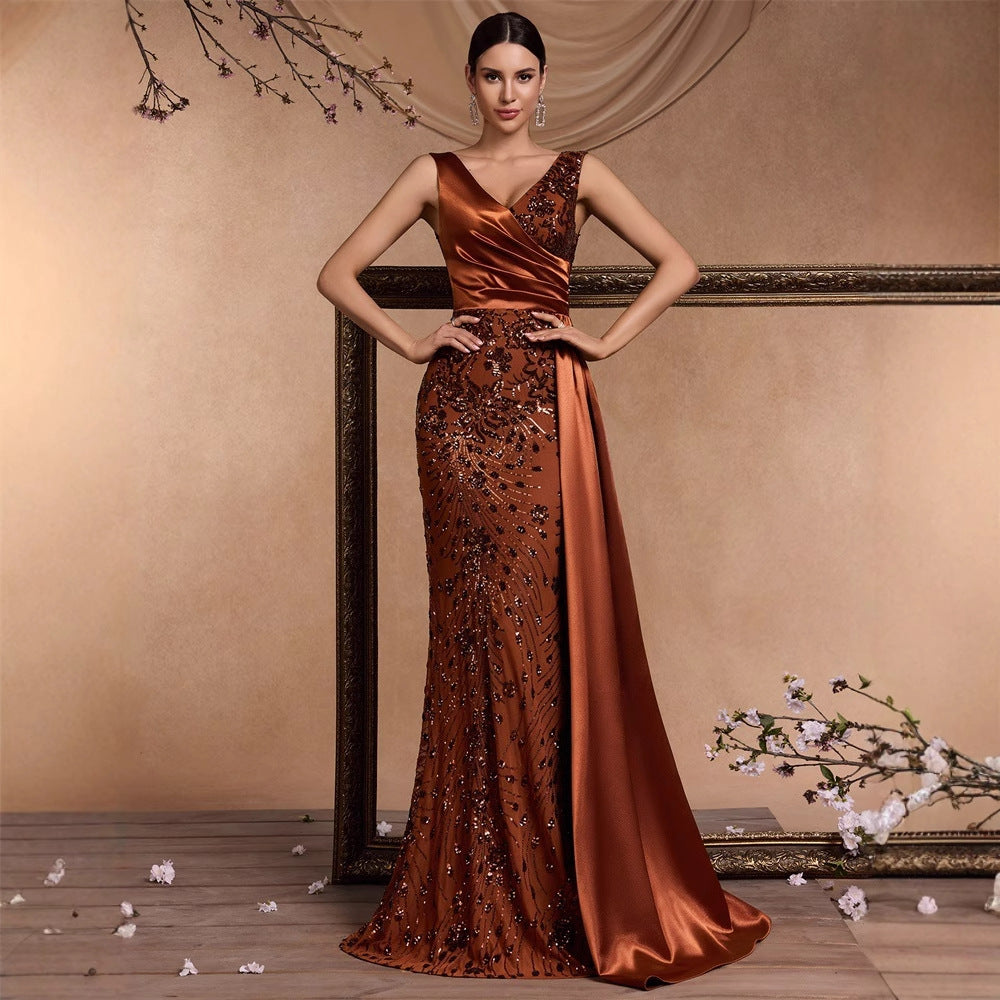 Elegant Sequin Stitching Fit V neck Sleeveless Elegant Gorgeous Noble Cocktail Party Formal Dinner Dress - Iyanka