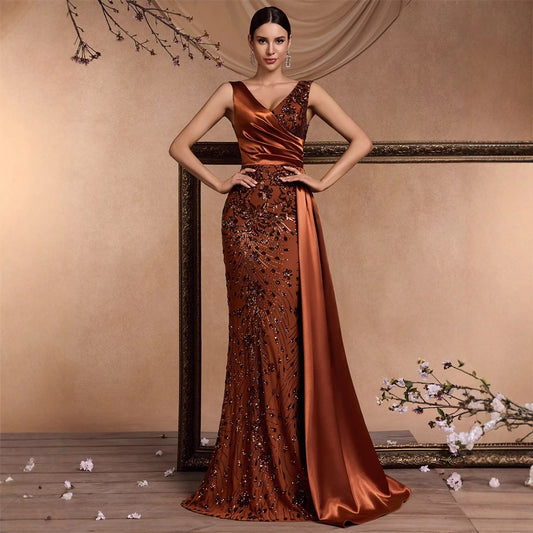 Elegant Sequin Stitching Fit V neck Sleeveless Elegant Gorgeous Noble Cocktail Party Formal Dinner Dress - Iyanka