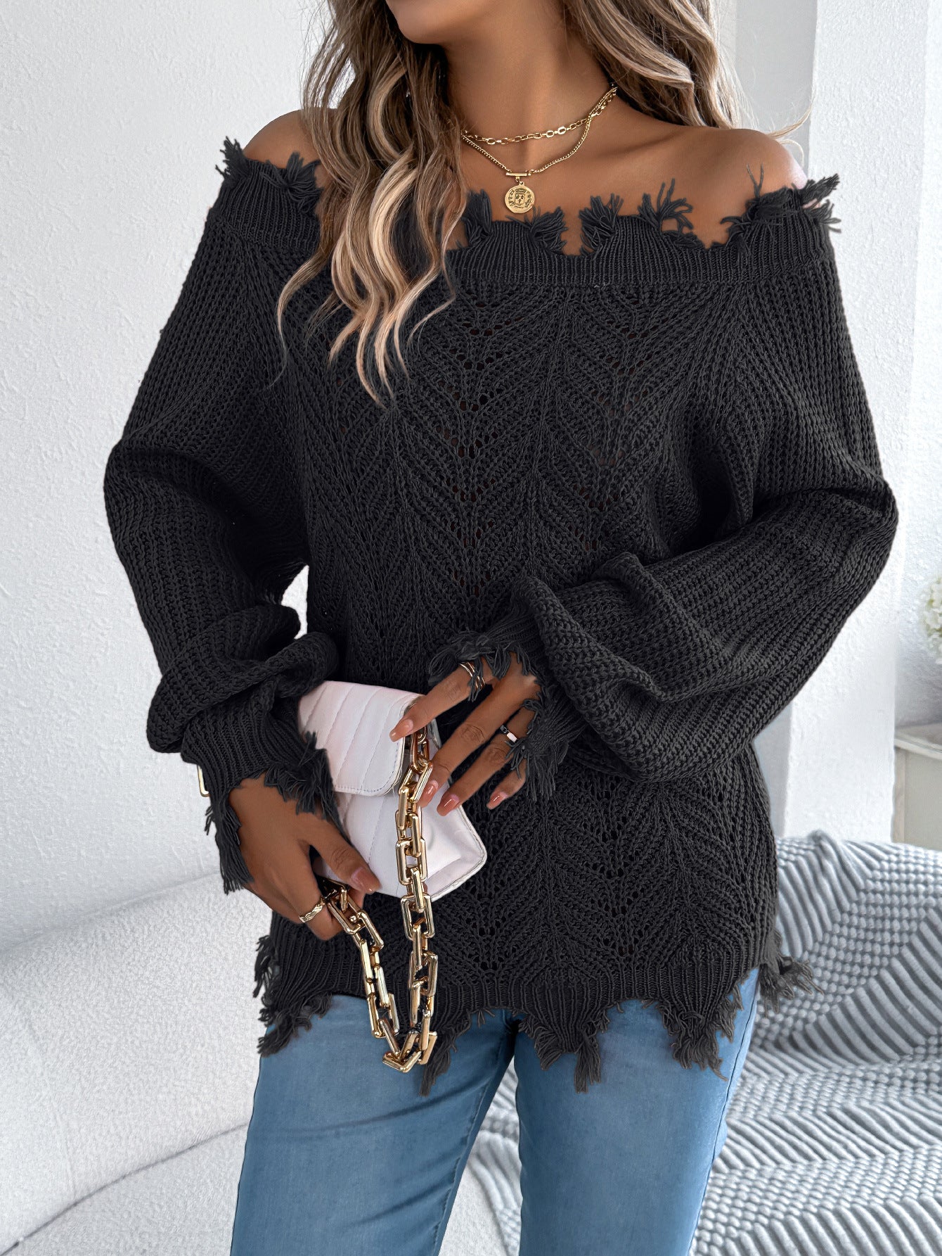 Autumn Winter Solid Color Hollow Out Cutout out Long Sleeve Cut off Shoulder Pullover Sweater Women Clothing - Iyanka