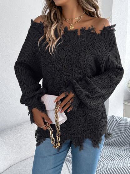 Autumn Winter Solid Color Hollow Out Cutout out Long Sleeve Cut off Shoulder Pullover Sweater Women Clothing - Iyanka