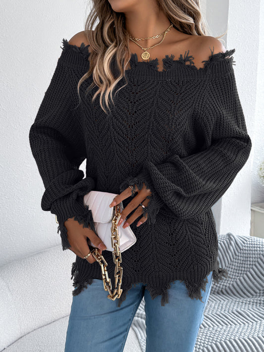 Autumn Winter Solid Color Hollow Out Cutout out Long Sleeve Cut off Shoulder Pullover Sweater Women Clothing - Iyanka
