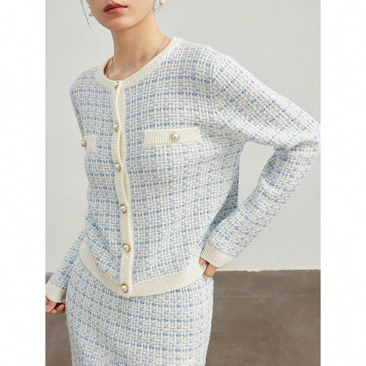 Western Classy Women round Neck Long Sleeve Stitching Plaid Knitted Sweater Top Hip Knitwear Skirt Outfit - Iyanka