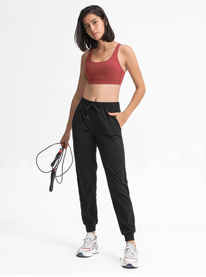 Spring Summer Elastic Lace-up Waist Yoga Pants Simple Straight Sports Casual Elastic Ankle-Tied Cropped Pants for Women - Iyanka