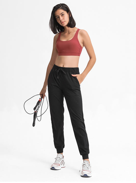 Spring Summer Elastic Lace-up Waist Yoga Pants Simple Straight Sports Casual Elastic Ankle-Tied Cropped Pants for Women - Iyanka