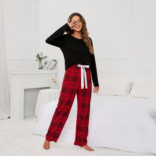 Solid Color round Neck T Printed Checks Women Casual Suit Homewear Pajamas Women - Iyanka