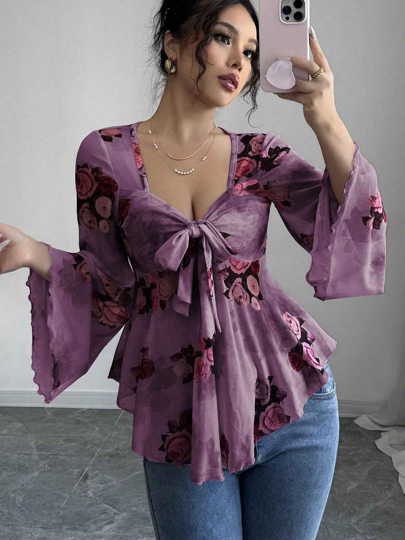 French Sweet Floral Blooming Lace up Square Collar Long Sleeve Shirt