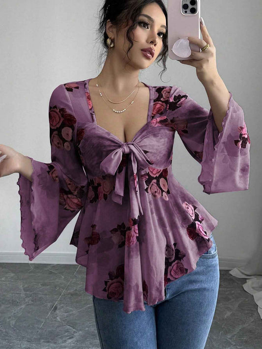 French Sweet Floral Blooming Lace up Square Collar Long Sleeve Shirt