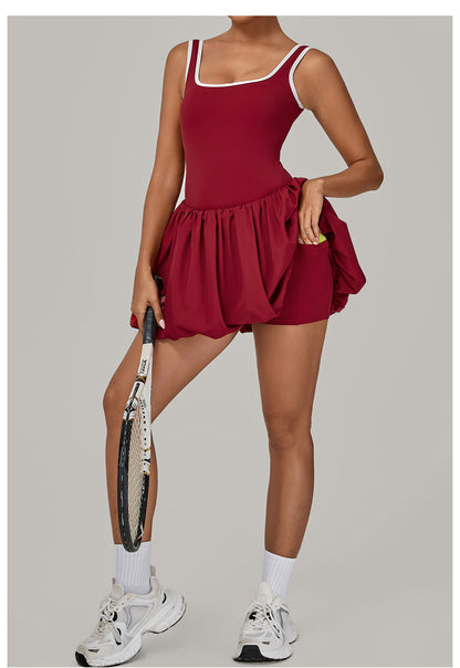 Contrast Color Nude Feel Faux Two Pieces Sports Dress Women Anti Exposure Bottoming Outdoor Running Fitness Tennis Dress - Iyanka