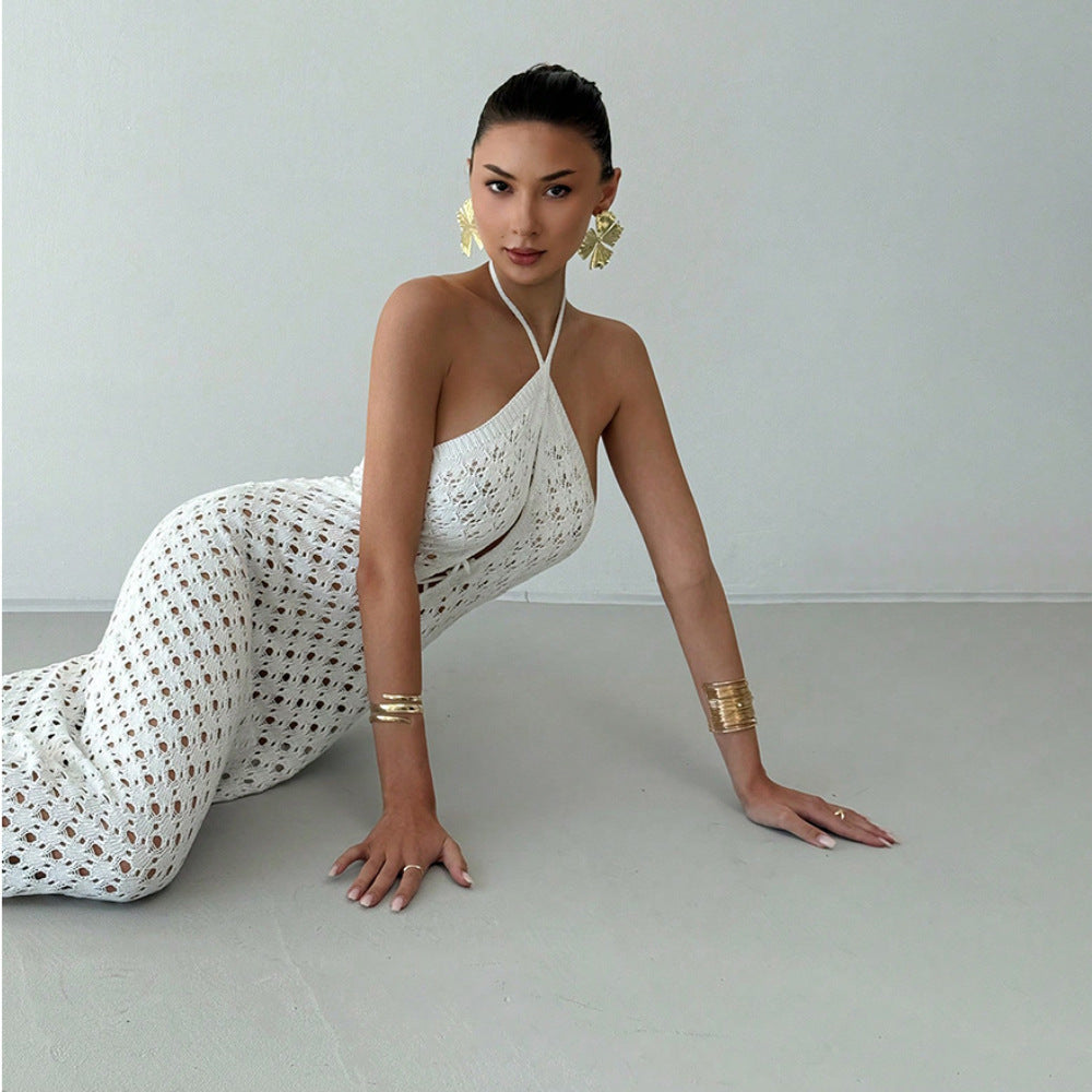 Summer Sexy Cutout Knitted Beach Skirt Bikini Swimsuit Solid Color Dress Women - Iyanka