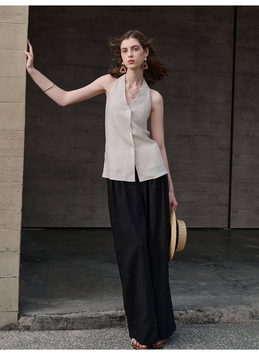 Elegance Retro V neck Halter Sling Women Tencel Linen Bare Back Lace up Sleeveless Top Linen Sexy Vest Summer - Iyanka