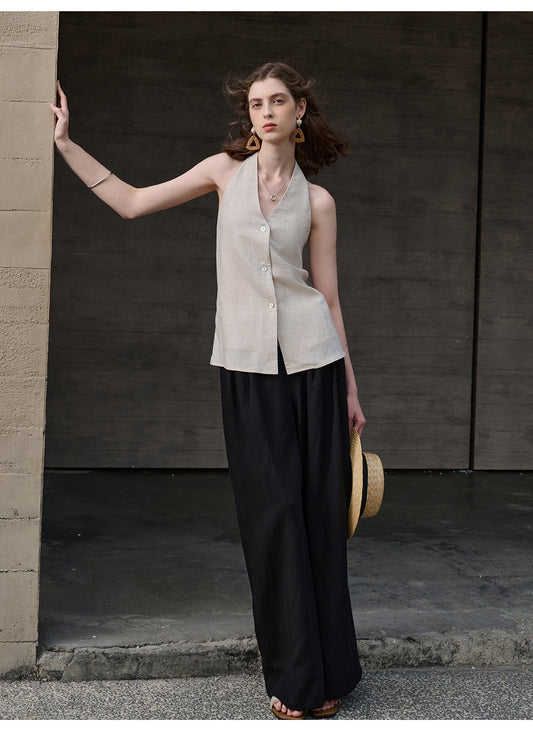 Elegance Retro V neck Halter Sling Women Tencel Linen Bare Back Lace up Sleeveless Top Linen Sexy Vest Summer - Iyanka