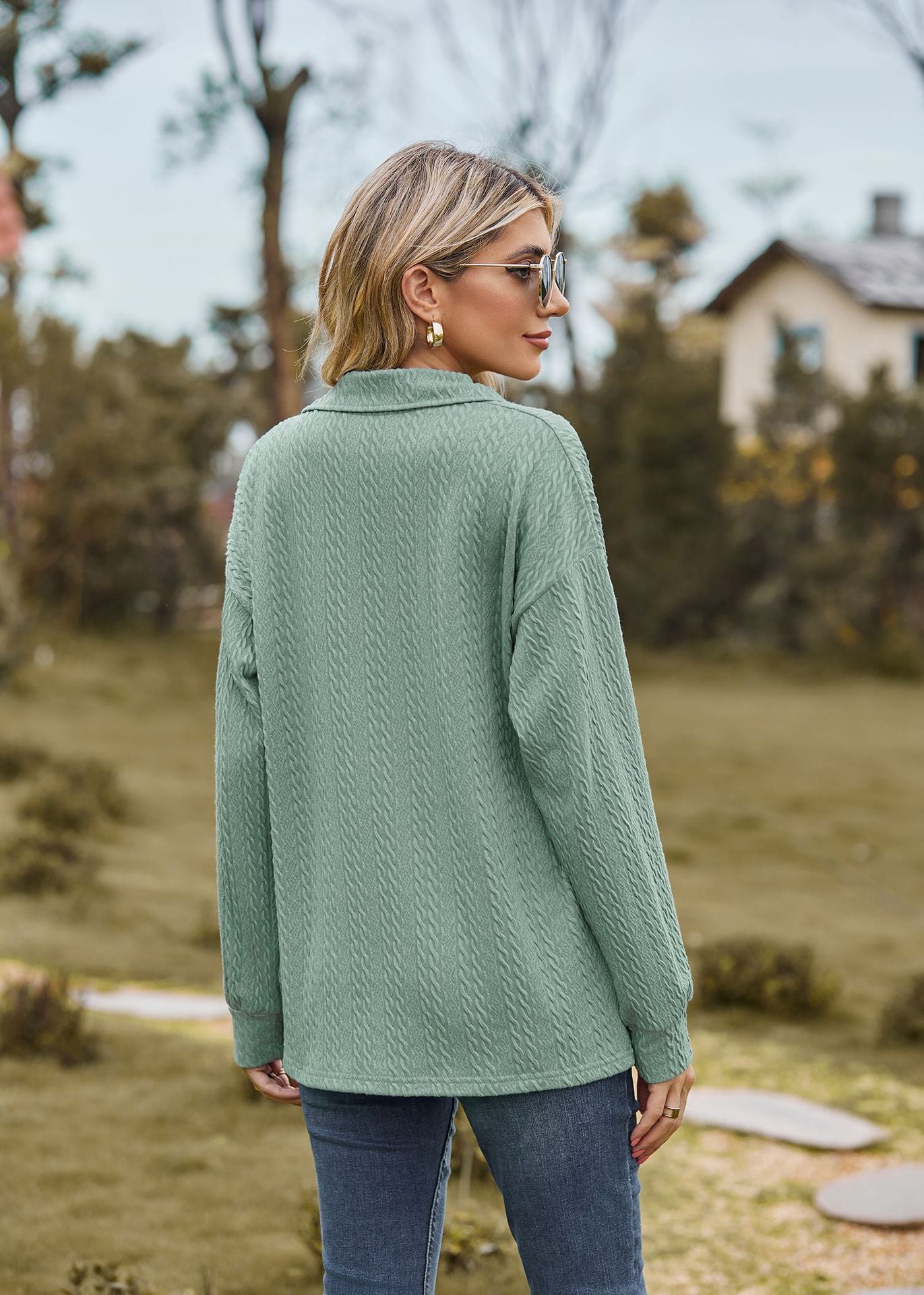 Autumn Winter Solid Color Polo Collar Loose Long Sleeve Sweatershirt Coat Women Jacket - Iyanka