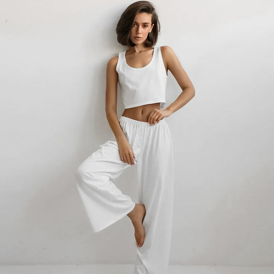 Spring Summer Home Wear Sleeveless Vest Pants Two Piece Set Knitted Emerized Pajamas for Women - Iyanka