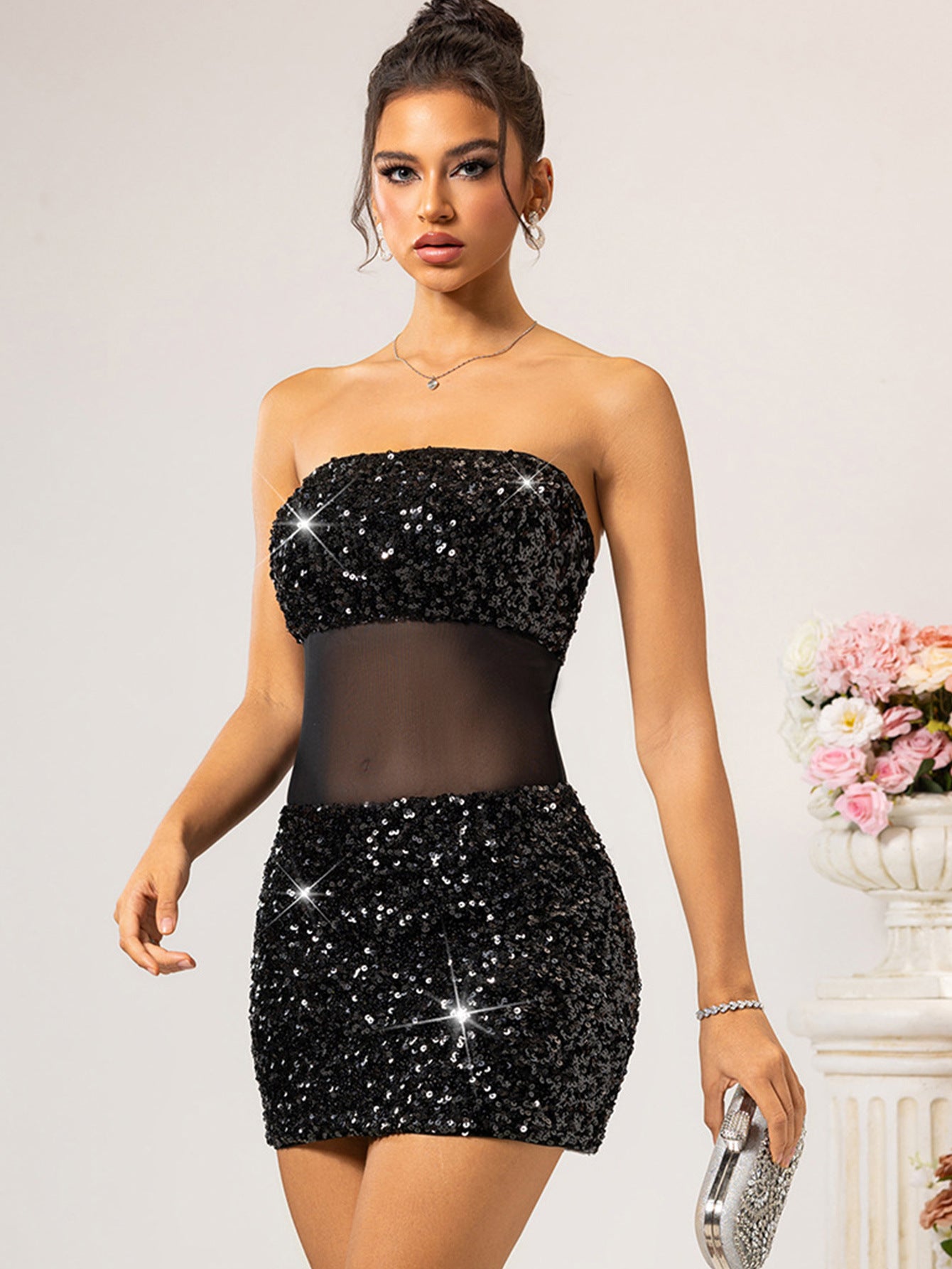 Sexy Backless Mesh Stitching Sequin Dress Women Clothing Dress - Iyanka
