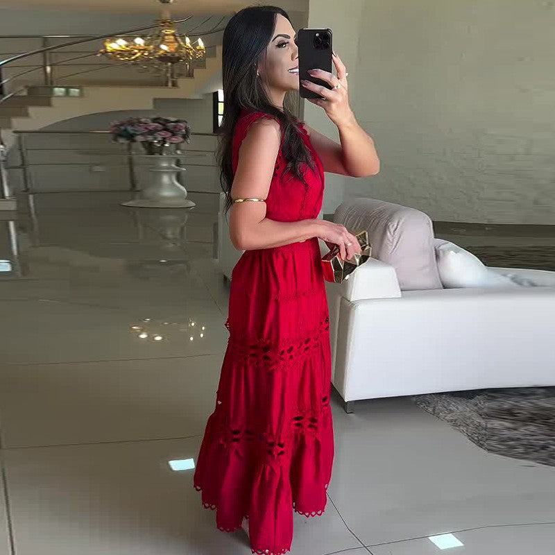 Palace Hollow Out Cutout out Embroidered V neck Slimming Long Sleeveless Dress