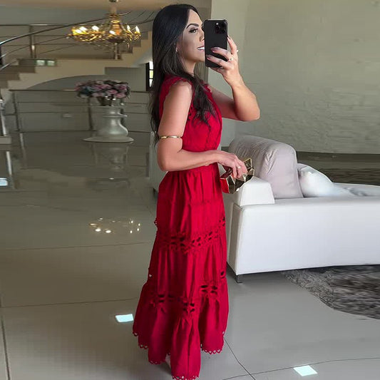 Palace Hollow Out Cutout out Embroidered V neck Slimming Long Sleeveless Dress