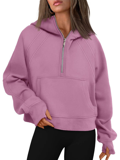 Half Zipper Pullover Hooded Sweatshirt Fleece Short Chic Scuba Sweater for Women - Iyanka