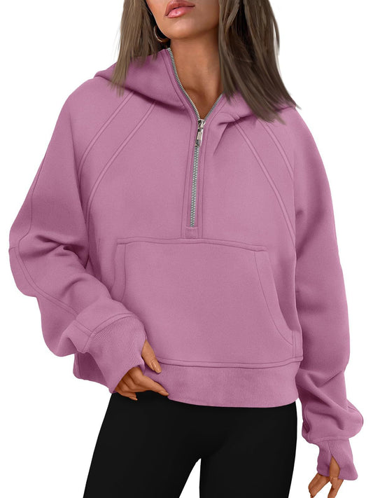 Half Zipper Pullover Hooded Sweatshirt Fleece Short Chic Scuba Sweater for Women - Iyanka