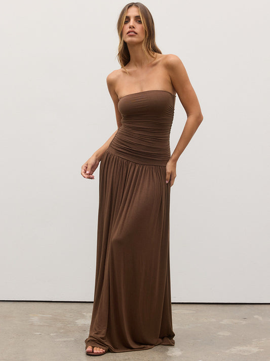 Women Clothing Solid Color Sleeveless Backless Slim Fit Pleated Tube Top Maxi Dress