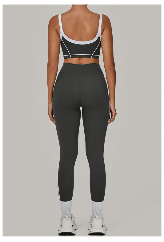 Autumn Sand Color Contrast Patchwork Yoga Suit Skinny Slimming Outdoor Sports Running Fitness Two Piece Sets - Iyanka