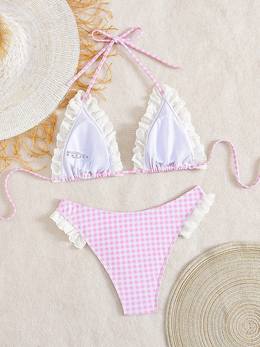 Summer Lace Plaid Halter Bikini Flounced Vacation Split Swimsuit Two Piece Sets Women Swimsuit - Iyanka