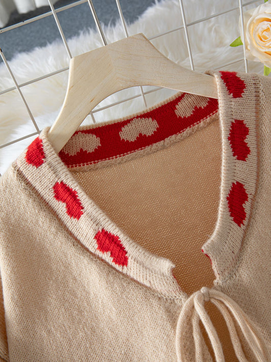 Outer Wear Stitching Sweater Coat Lace up Love Jacquard Knitted Cardigan Women - Iyanka