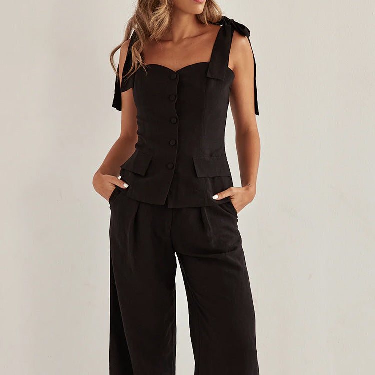 Spring Summer Black Bandeau Sling Top High Waist Wide Leg Pants Two Piece Set - Iyanka