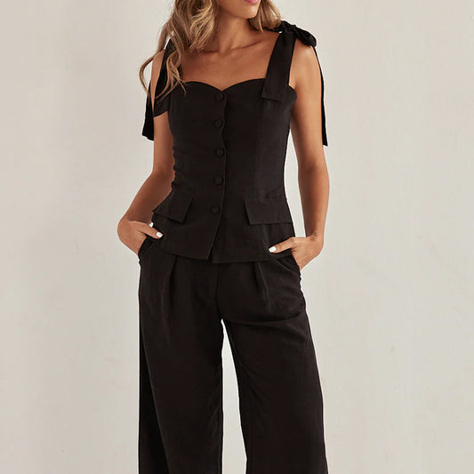 Spring Summer Black Bandeau Sling Top High Waist Wide Leg Pants Two Piece Set - Iyanka