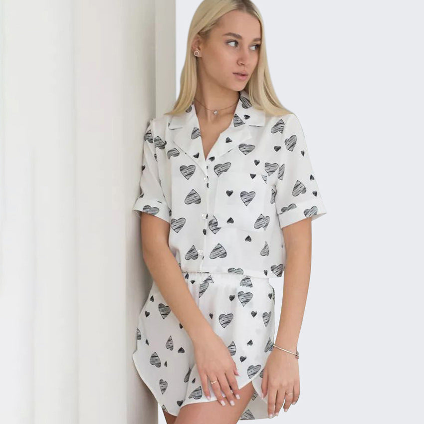 Spring Summer Heart Printing Cardigan Short Sleeve Split Shorts Pajamas Women Comfort Casual Home Wear - Iyanka