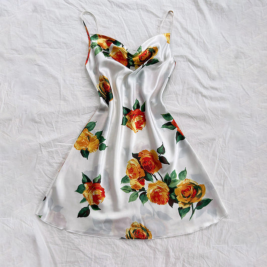 Summer Dacron Camisole Sleeveless Dress Sexy Printed Backless Slip Dress Nightdress - Iyanka